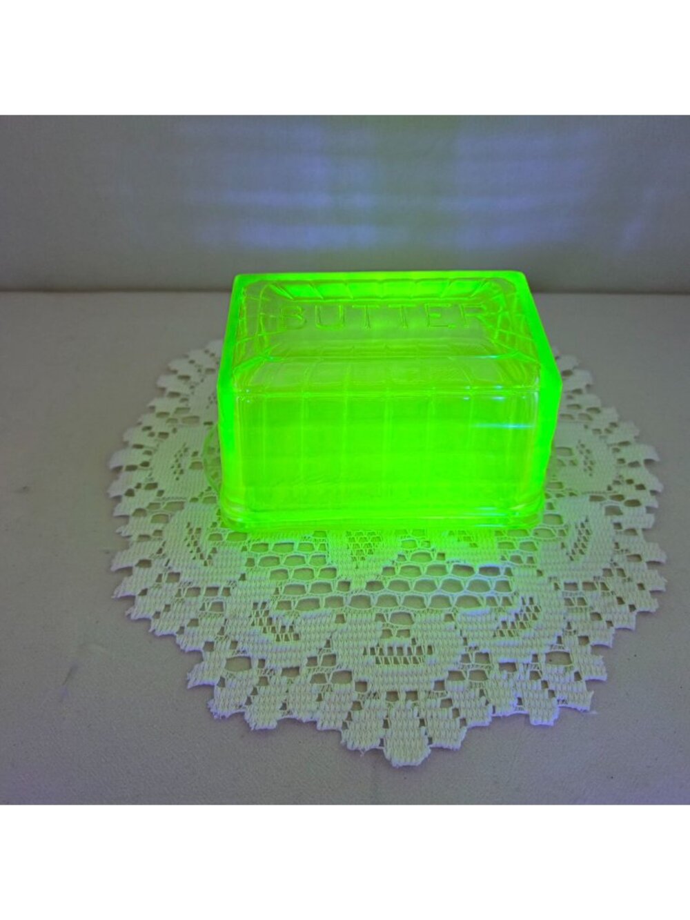 Vintage Uranium Glass Butter Dish Square Block Design Glows Under UV 7" Long 4"